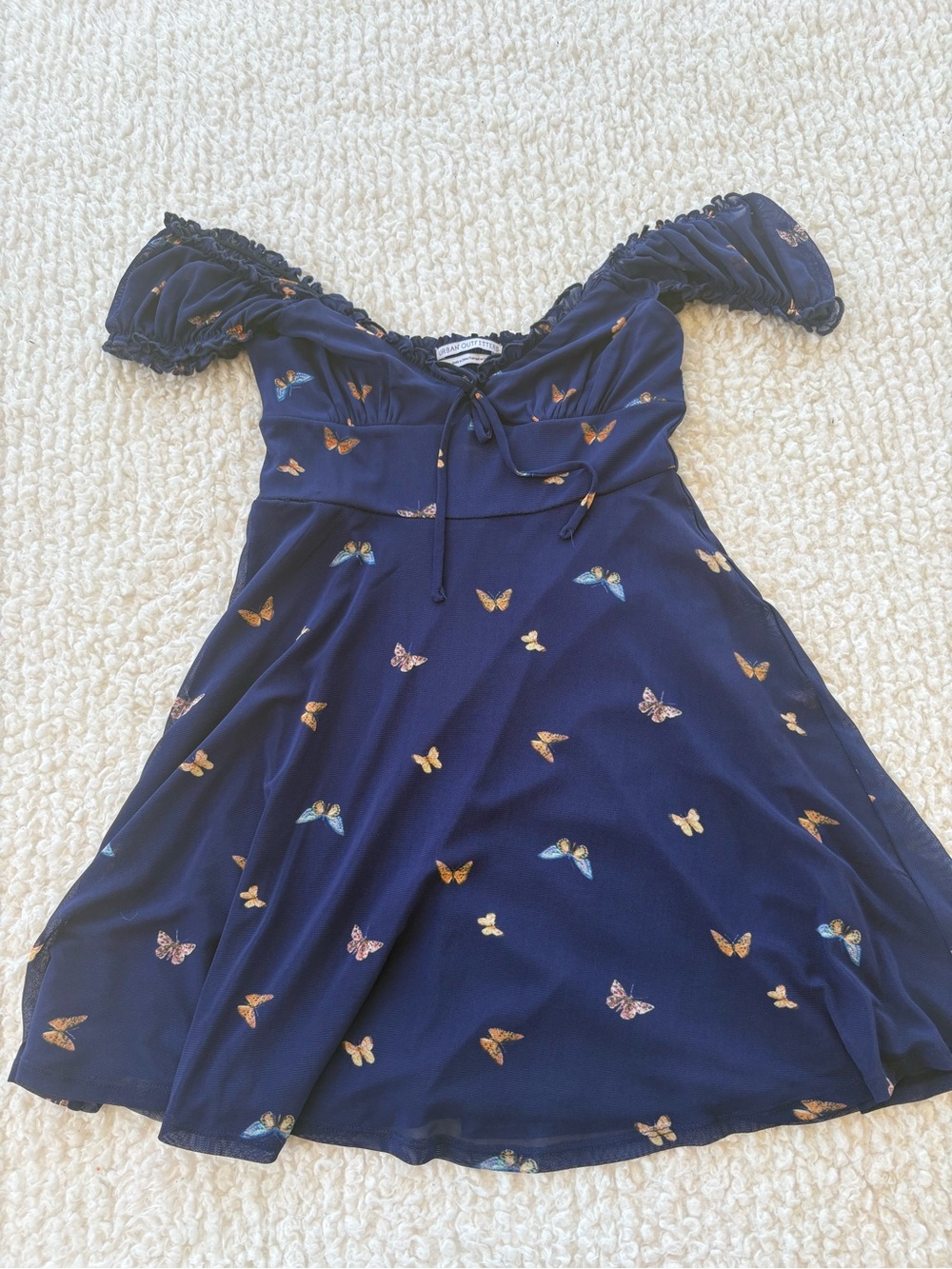 Small Urban Outfitters Butterfly Print Off-Shoulder Navy Women’s Dress